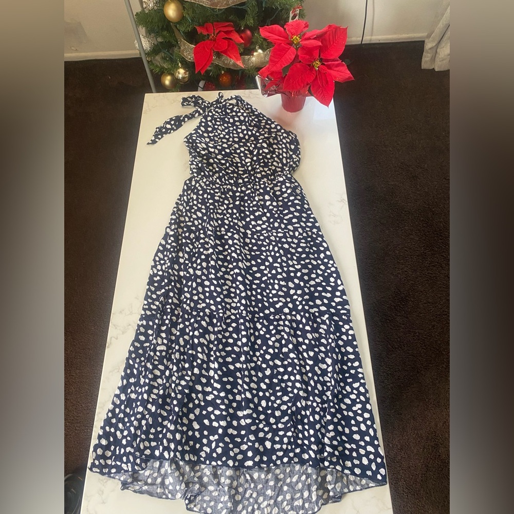 Chic Navy and White Polka Dot Halter Dress - Picture 2 of 4